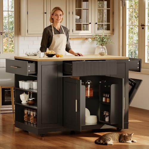 Vepssder Îlot de Cuisine,Meuble de Cuisine avec Plan de Travail,Buffet avec tiroirs, 120 x 50 x 92 cm, avec Compartiment Poubelle, étagères Réglables,Noire