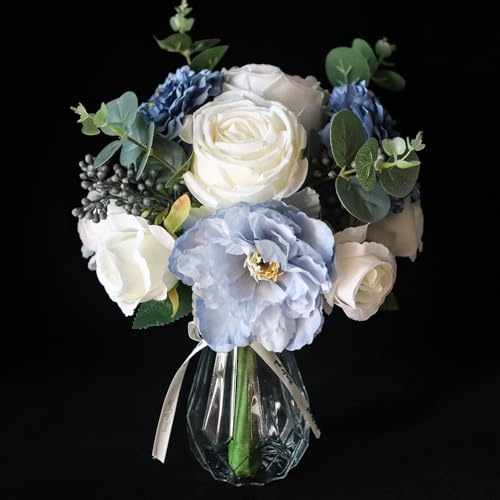 cottage blooms Artificial Silk Flowers Blue and White with Glass Vase, Faux Rose Bouquet, Fake Floral Arrangement for Dining Table Centerpiece Kitchen Bathroom Home Office Hotel Wedding Decor