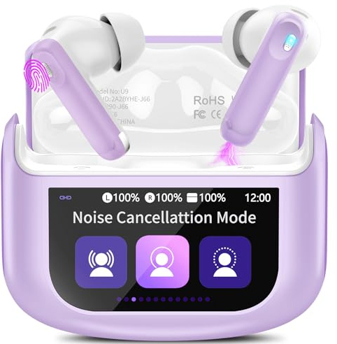 Wireless Earbuds, Bluetooth 5.4 Ear buds with Multifunctional Touch Screen, 48H Bass Stereo Headphones with ANC/ENC Noise Cancelling/Transparency mode, IPX7 Earphones with 5 EQ Modes, Taro Purple