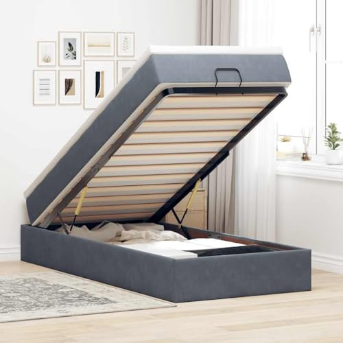 Qnhdfrt Ottoman-Bett mit Matratze Dunkelgrau 90x190 cm Samt Taschenfederkern Jugendbett Einzelbett komplett mit Stauraum Hydraulik-Mechanismus für Gästezimmer Jugendzimmer Schlafzimmer