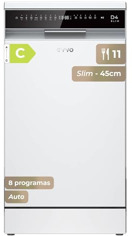EVVO Lavavajillas D4 Slim 45 cm - Lavaplatos Libre Instalación, 11 Cubiertos, Eficiencia Clase C, 8 Programas con Modo Auto, Apertura Automática, Función Higiene y Media Carga.
