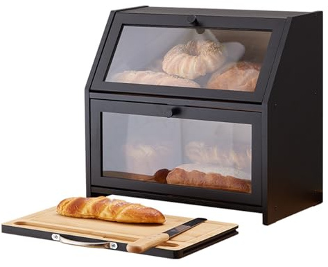 MOZTBH Panera de bambú de 2 niveles con tabla de cortar, ventana acrílica frontal, para encimeras de cocina, ahorra espacio, 42 x 25 x 40cm, con cuchillo solamente, negro-A