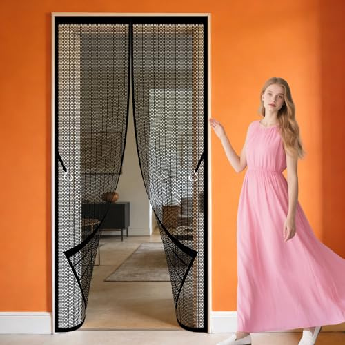 Mosquitera Imantada Puerta 103 x 195 cm Cierre Automático, Instalación sin Taladrar Cortina Antimosquitos Resistente para Puertas de Patio y Balconeras, Negro