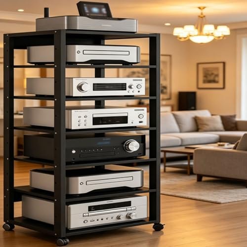 7-stufiges HiFi-Rack, moderner AV-Schrank mit mobilen Rädern, Höhenverstellbaren, Mobiler 7-stöckiger HiFi Regal, für Zuhause, Büro und Wohnzimmer(Schwarz)
