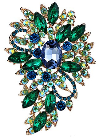 EVER FAITH Spilla Regalo, Marquise Cristallo Austriaco Sposa Mazzo di Fiori e Foglie Blu w/Verde Scuro Oro-Fondo