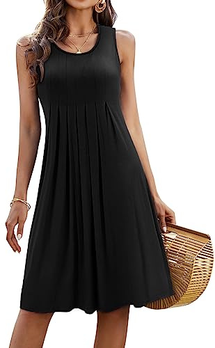 KILIG Sommerkleid Damen Strandkleid Midi Ärmellose Kleid Sommer Leicht Blumenkleid Schwarz Freizeitkleid (Schwarz,XL)