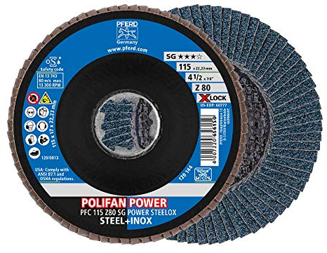 PFERD Fächerscheibe POLIFAN POWER, 10 Stück, 115mm, Z80, X-LOCK (22,23 mm), SG STEELOX, 67788117 – für höchste Wirtschaftlichkeit durch aggressive Zerspanung