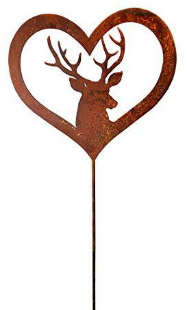 Gartenstecker im Rost Design Hirsch im Herz mit Stab - Rostfigur für den Garten, Dekofigur