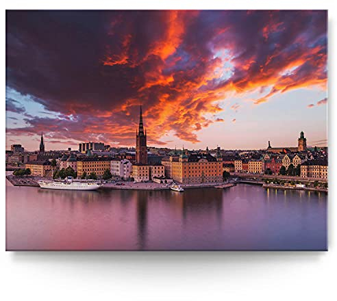 BilderKing Wandbild Stockholm Sonnenaufgang - 200cm x 150cm Leinwand auf 4cm Keilrahmen
