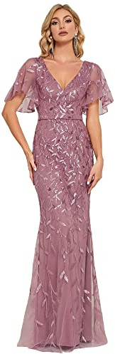 Ever-Pretty Women's Elegant Mermaid Ruffle Sleeve V Neck Shiny Maxi Prom Dresses Orchid 14UK