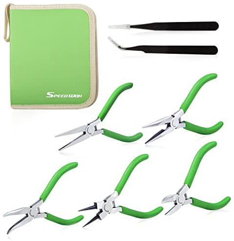 SPEEDWOX Lot de 5 mini pinces avec étui comprenant une pince à bec plat, une pince à bec rond, une pince à long bec avec 2 pinces à épiler pour la fabrication de travaux manuels