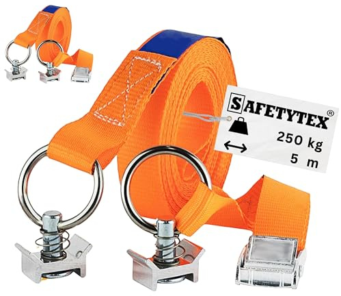 Safetytex Klemmschlossgurt Singlefitting 5 m 25 mm 250 daN (2 Stück) | Spanngurt für Airlineschiene, Zurrschiene, 2-teilig, Ratschengurt, sicherer Transport, 250 kg Belastbarkeit