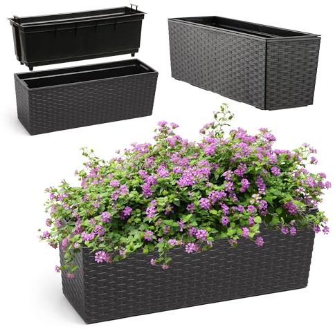 KADAX Blomlåda av plast, 18,5 x 56 cm, växtlåda med insats, väderbeständig balkonglåda, rektangulär blomkruka för utomhusbruk (rottingmönster, svart)