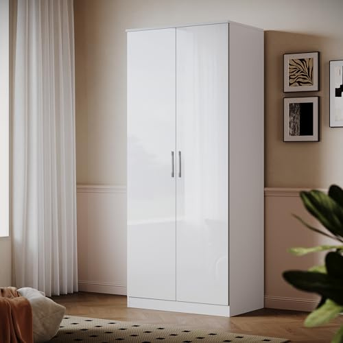 ELEGANT Modern High Gloss Soft Close 2 Doors Wardrobe with Metal Handles Includes a removable hanging rod and storage shelves, White