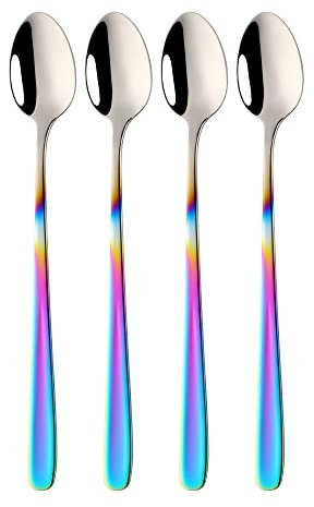 BISDARUN 18/10 Stainless Steel Latte Spoons Gradient Rainbow Ice Cream Teaspoons 4 Pieces Long Handle Ice Cream Cup Spoon for Hot Chocolate Hot Drink Dishwasher Safe