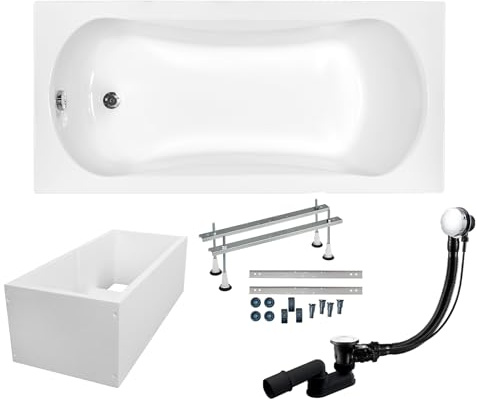 BADLAND Badewanne Original Weiß Acryl Wanne Rechteck ARIA 130x70 KOMPLETTSET SET mit Premium Wannenträger + Füßen und Exklusive Chrom Automatik Ablaufgarnitur Made in EU 4in1