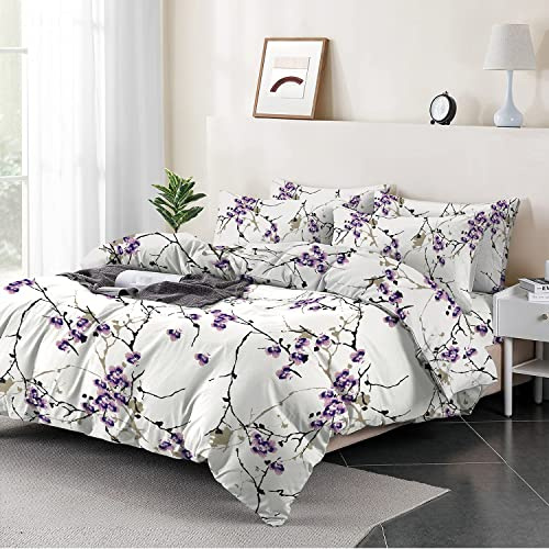 RAYBedding 4PCS Double Duvet Cover Bed Set 100% Egyptian Cotton 400 TC Floral Pattern Duvet Cover Double Set With Printed Fitted Sheet & Pillow Cases 2 Pack
