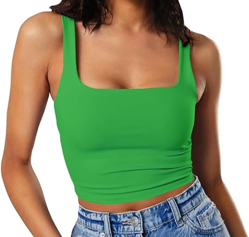 Artfish Women's Sleeveless Strappy Seamless Crop Tank Tops Square Neck Workout Fitness Basic Cropped Camis Kelly Green, M