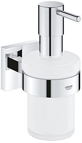 GROHE Start Cube, klebbarer Seifenspender für das Bad, ohne Bohren (Füllmenge: 160ml, mit Halter, verdeckte Befestigung, inkl. Schrauben und Dübel, Kleber separat kaufen), eckig, chrom, 41098000