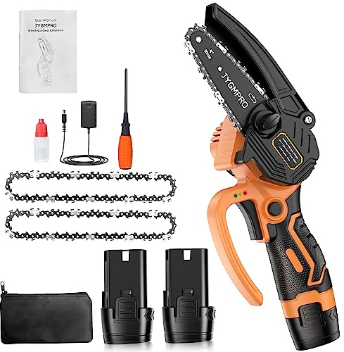 JYGMPRO Mini Kettensäge mit Akku, 4 Zoll Akku Kettensäge mit 2 Akkus 1,5Ah, 2 Ketten, Sicherheitstaste, 8m/s Kettengeschwindigkeit, Elektro Handkettensäge für Gartenscheren Astschere Holzschneiden
