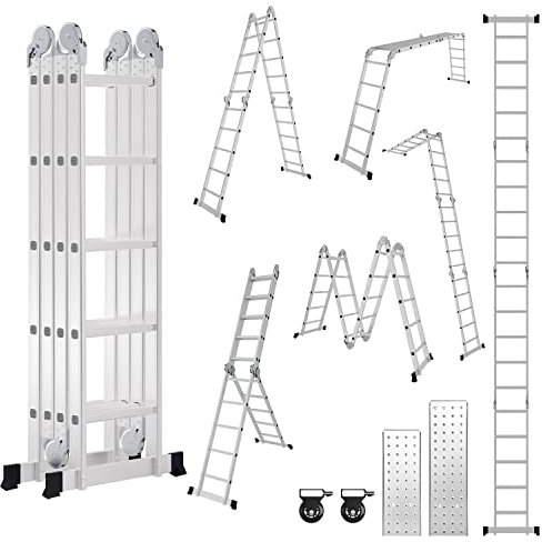 Tubiaz 7in1 Mehrzweckleiter 4x5, 582CM Alu Vielzweckleiter Klappleiter mit Plattform und Räder, Multifunktionsleiter 20 Sprossen, Stehleiter Haushaltsleiter Max Belastung 150 kg
