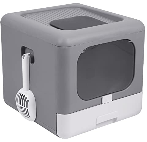 BingoPaw Bac à Litière Fermée Pliable: Maison de Toilette Grande Taille Chat Anti Odeur Portable avec Tiroir et Pelle 43x40.5x37.5cm