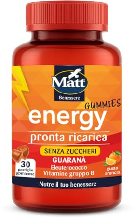 Matt, Energy Gummies, Pastiglie Gommose Pronta Ricarica a Base di Guaranà, Eleuterococco e Vitamine del Gruppo B, Integratore Utile per Combattere Stanchezza e Mentale, Gusto Arancia, 90g
