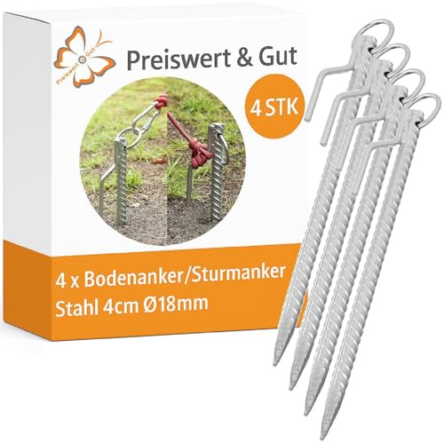 Preiswert&Gut 4 x Zeltheringe 41cm Ø18mm aus Stahl – stabile Heringe Erdanker mit Haken & Ring – Bodenanker für Camping, Vorzelt, Markise – Zubehör für Harte Böden & Sturm