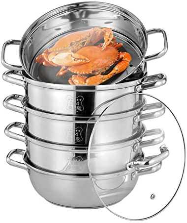 5-Etagen Dampfkocher,Mantovarka Gardampfkochtopf Set Edelstahl Kochgeschirr mit Edelstahldeckel Suppentopf Bio Dampfgarer Heim Küchenherd für Induktionsherd (30cm)