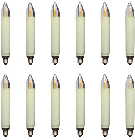 Erzgebirgslicht - AUSWAHL - 12 Stück LED Filament Schaftkerze 23V 0,2W E10 INNEN + AUSSEN für 10 Brennstellen Ersatzbirne Glühbirne Normalschaftkerze für Lichterketten Pyramide und Schwibbogen
