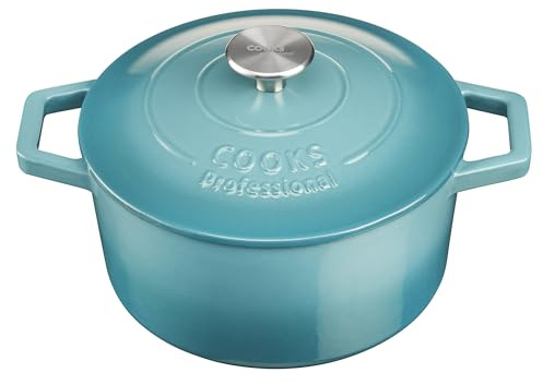 Cooks Professional 20cm Cast Iron Casserole Dish 2.8L with Lid & Handles | Colourful Modern Design Enamelled Cooking Pan Pot | Suitable For All Hobs Inc Induction | Oven & Grill Safe | Teal
