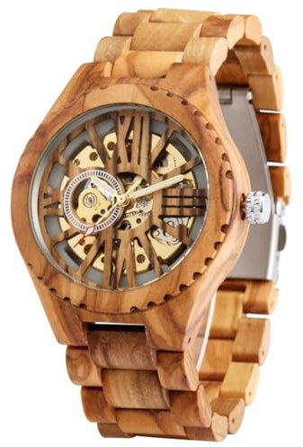 GAGALU Herren-Armbanduhr, Kirschholz, Retro, hohles Skelett-Zifferblatt, automatisch, mechanisch, Holzarmband, verstellbares Holzarmband, Herren-Armbanduhr, braun, Armband