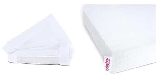 babybay Nestchen Mesh-Piqué/Bettumrandung für Beistellbett/Stoßschutz für Baby Bett, passend für Modell Maxi, Boxspring, Comfort und Comfort Plus, weiß & Jersey Spannbetttuch Deluxe Doppelpack
