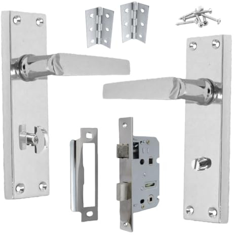 Betley Butterfly Victorian Straight Handle Chrome Bathroom WC Toilet Door Handles, Bathroom Mortice Lock 3 Hinges, 152mm x 42mm Backplate