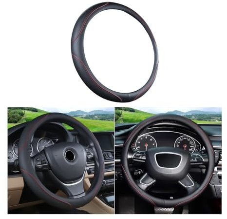 JNNJ Coprivolante Auto, Coprivolante in Pelle 37-38cm, Copri Volante Antiscivolo Traspirante Durevole, Universale Protezione Custodia Volante Auto per Maggior Parte Macchina Autocarri(Linea Rossa)