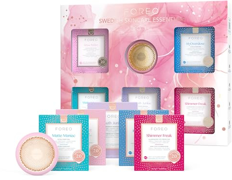 FOREO UFO 3 Set - Masque LED visage 5 en 1 - Set hydratant visage - Chauffage, refroidissement, massage T-Sonic - 30 masques beauté hydratants anti ride visage (5 x 6) - Set de soin visage et peau