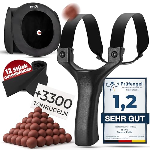 HITX® Zwille Steinschleuder Spar-Bundle [G-Berlin] - 1x Gamma Schleuder | 3300x Tonkugeln Munition | 12x Gummibänder Extra Stark | 1x Kugelfang mit Zubehör | Slingshot Bundle Set…