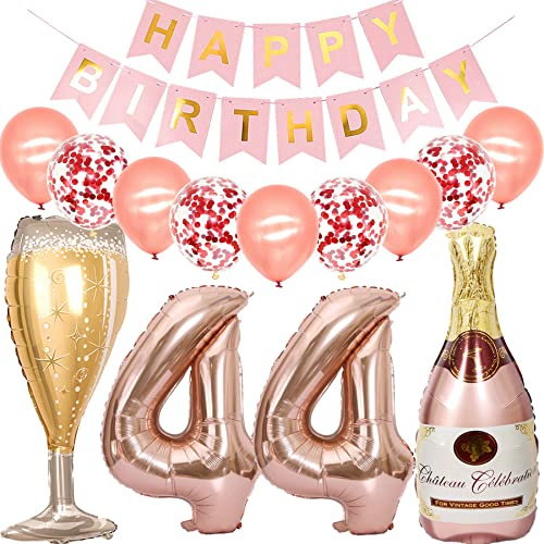 Feelairy Luftballon 44. Geburtstag Deko Frau, Rosegold Folienballon Weinflasche Sektflasche Helium Ballon Champagner Flasche, Girlande Happy Birthday Deko für Geburtstagsdeko 44 Jahre Frauen