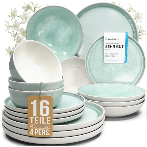 Ensemble de vaisselle Ibiza pour 4 personnes – 16 pièces – Set de vaisselle pour lave-vaisselle et micro-ondes – Service moderne – Service de Pure Living Turquoise