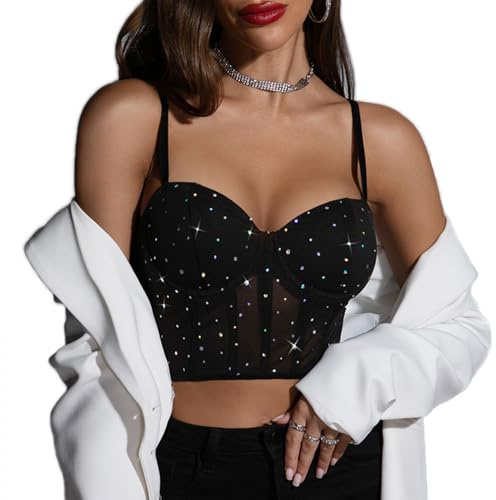 FFWTPY Top Donna Elegante Estive Tank Tops Sexy Slim Fit Corsetto con Spalline Sottili Senza Disossato Crop Y2K alla Moda Canotta per Clubwear (Nero/L)