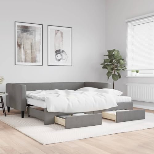 Hommdiy Tagesbett Schlafsofa Polsterbett,Bett Sofabett Tagesbett,Einzelbett Gästebett mit Lattenrost mit Bettkasten & Schublade & Matratze n Dunkelgrau 90x190 cm Stoff