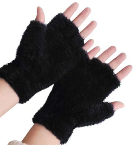 Queenbox Guantes de felpa de medio dedo unisex, guantes cálidos de invierno, guantes peludos sin dedos, guantes de piel sintética, mitones para mujeres y hombres