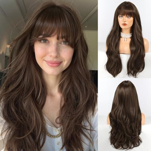 HAIRCUBE Lange dunkelbraune Perücke mit Pony, geschichtete lockige Perücken für Frauen, natürliche synthetische Perücken für den täglichen Gebrauch (pelucas de cabello natural)