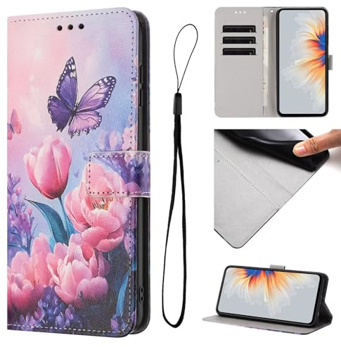 för iPhone 16e fodral läder flip stötsäker, 3D-målat PU-läder telefonfodral för iPhone 16e med stativ funktion korthållare folio mjuk silikon stötfångare skyddande fodral, rosa fjäril