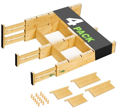 BLISSIQUEE 4er Schubladentrenner Verstellbar Bambus, Stapelbar schubladeneinsatz mit Rutschfesten Silikonpads – Organizer für Schubladen Organizer Küche, Kommode, Büro & Kleiderschrank (42,3–56 cm)