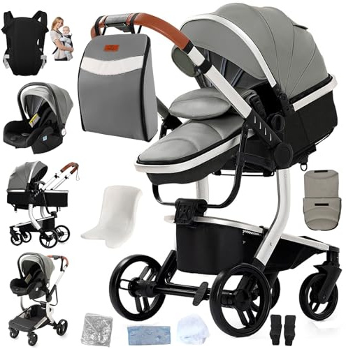 Magic ZC Cuero PU Carrito Bebe 3 en 1, Carrito Bebe con Diseño Portátil Plegable de Un Clic, Carro 3 Piezas con Empuje Reversible Dos Vías, Cochecito Tres Piezas con Accesorios (L518 Grey)