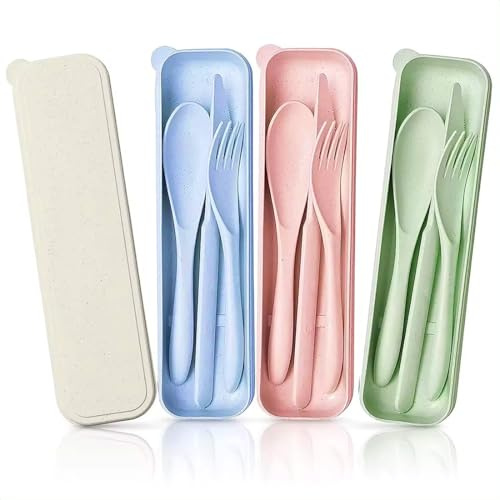 DIFLAX Cubiertos para Llevar 4 Piezas, Juego de Cubiertos de Acero Inoxidable, con Bolsa, para Camping, Picnic, Oficina y Escuela(Beige, Rosa, Azul Claro, Verde Claro)