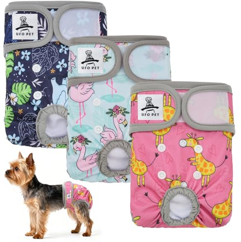 UFO PET Wiederverwendbare Hunde Windeln Weiblich, Läufigkeitshose für Hündinnen XS (3 Stück), Hochsaugfähige Hundewindeln für Hündinnen mit Starkem und Flexiblem Verschluss - Süßer Zoo