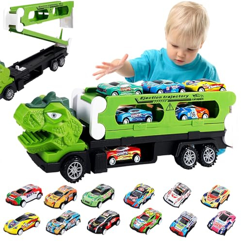 Set 2 in 1 di dinosauro con 12 auto giocattolo in metallo, per bambini, set di auto giocattolo, per il trasporto di camion e pista da corsa, regalo per ragazzi 3-8 anni