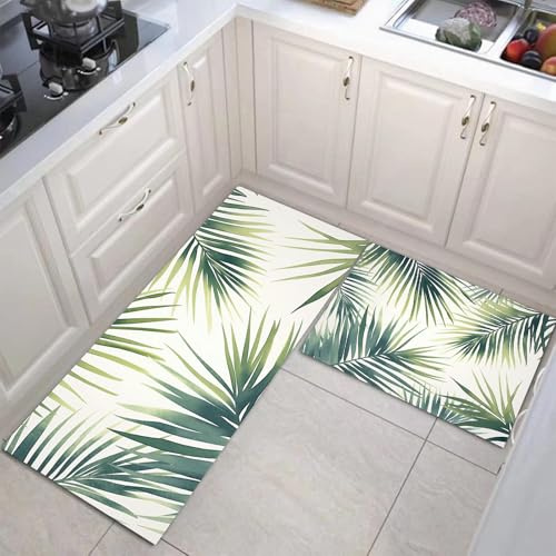 Juego de alfombras de Cocina 40x60+40x120cm, 2 Piezas Antideslizantes Alfombrillas de Cocina y Alfombrillas de Corredor de Selva Tropical Patrón de Hojas de Palma Verde y Blanco